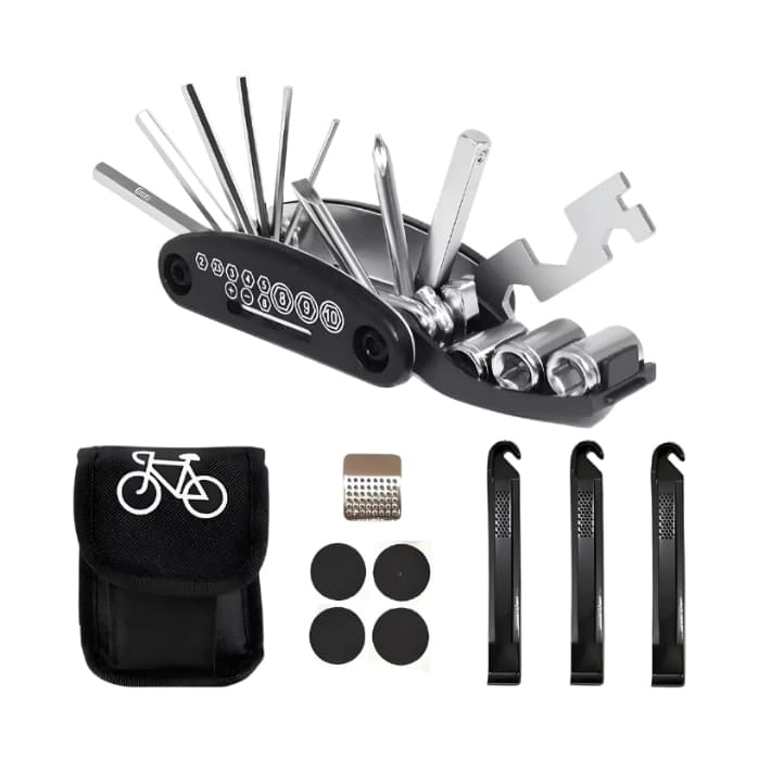 Kit Ferramentas Bike Completo Reparo Pneu Bicicleta Canivete Multiuso Chaves Allen Com Bolsa