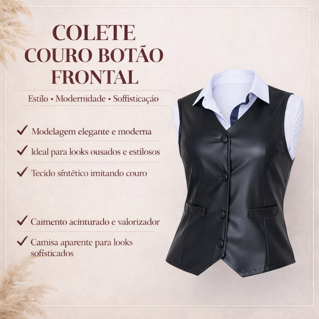 Colete Feminino Couro Fake com Botão Frontal Elegante Moda Casual Moderno