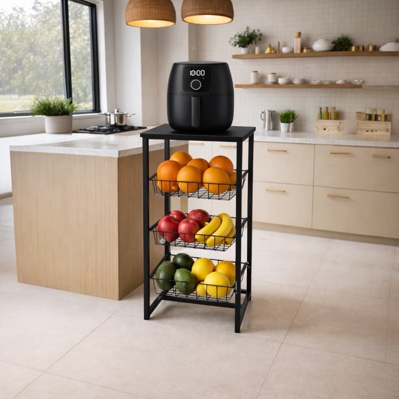 Fruteira De Chão Para Cozinha 3 Cestos Multiuso Preto Fosco Suporte Para Bebedouro Microondas Multiuso Tampo MDF Preto