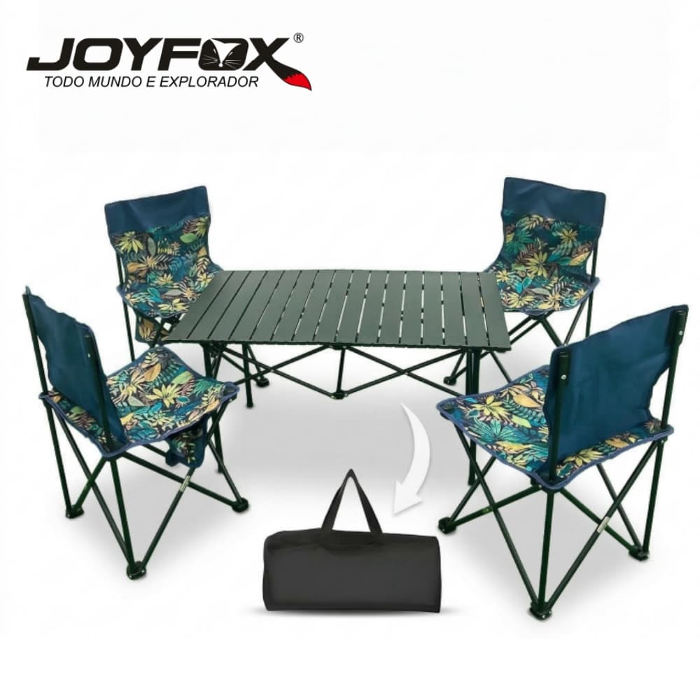 Kit Mesa e Cadeiras Dobráveis para Camping Conjunto Portátil em Aço Mesa Picnic Praia Churrasco JOYFOX