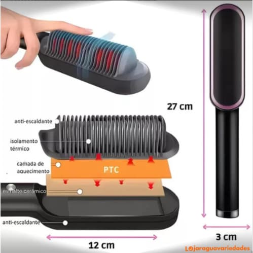 Escova Alisadora Profissional Cerâmica Pente Elétrico – Cabelo Liso Rápido Anti Frizz
