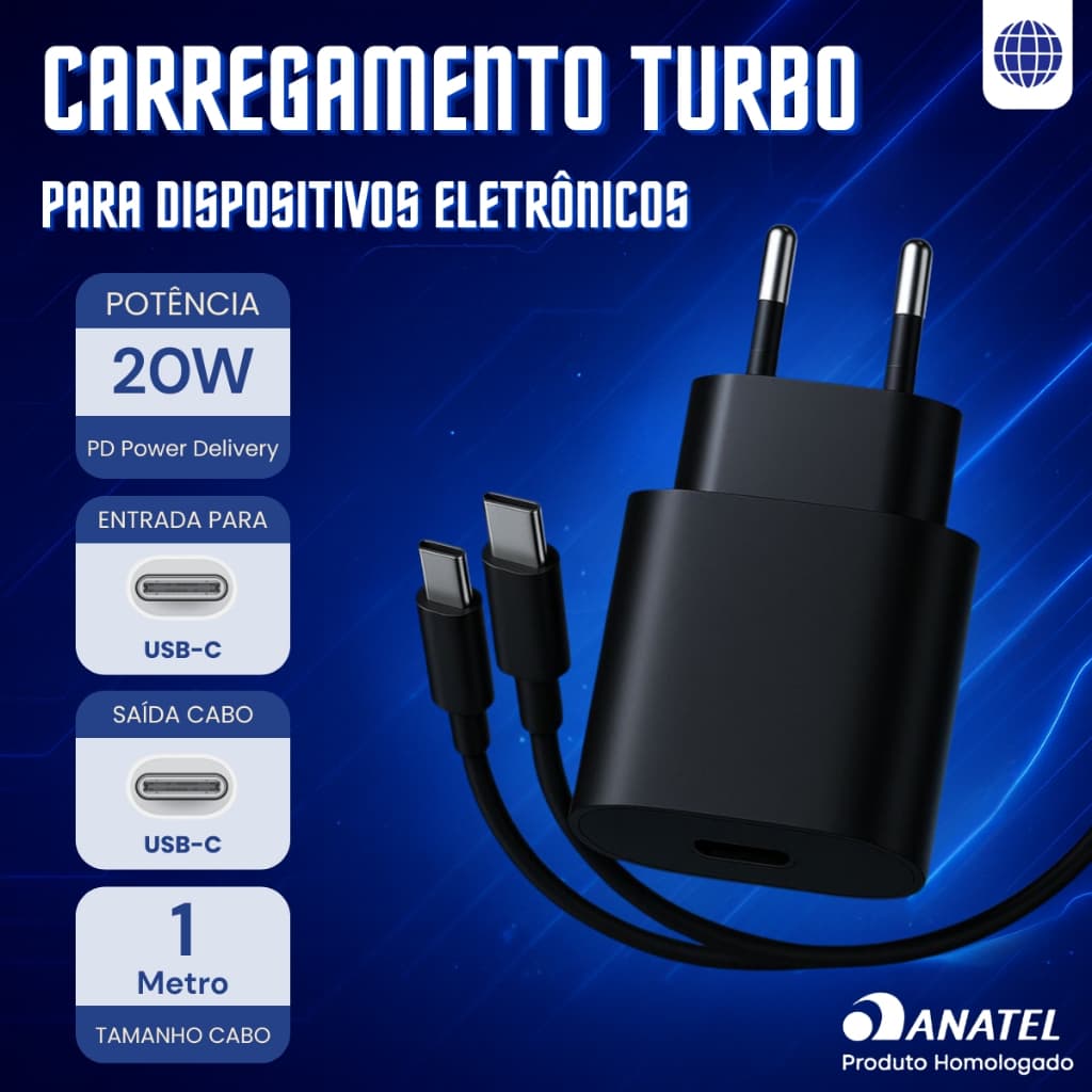 Carregador Homologado p/Samsung Preto 20W USB-C Rápido