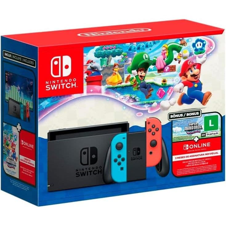 Bundle Nintendo Switch + Super Mario Bros. Wonder + 3 Meses de Assinatura Nintendo Switch