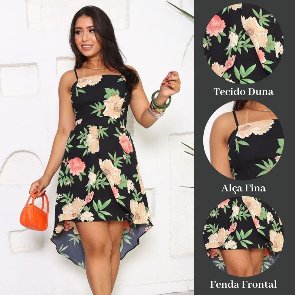 Vestido Fenda frontal Estampado Curto tecido Duna Alcinha Regulavéç Tamanhos M G Elastico nas costas