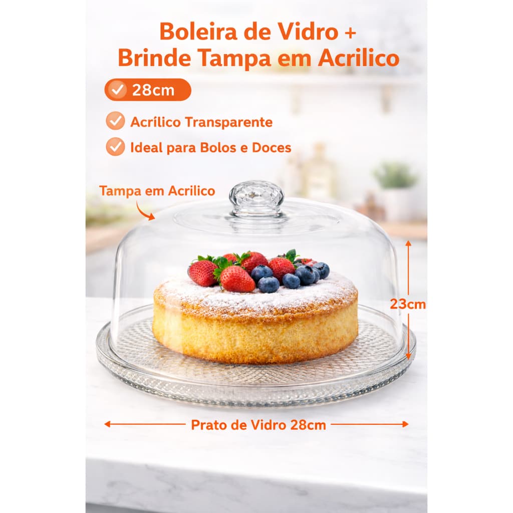 Porta Bolo Boleira De Vidro Vitazza 28cm + Brinde Tampa Acrilica 23cm Transparente