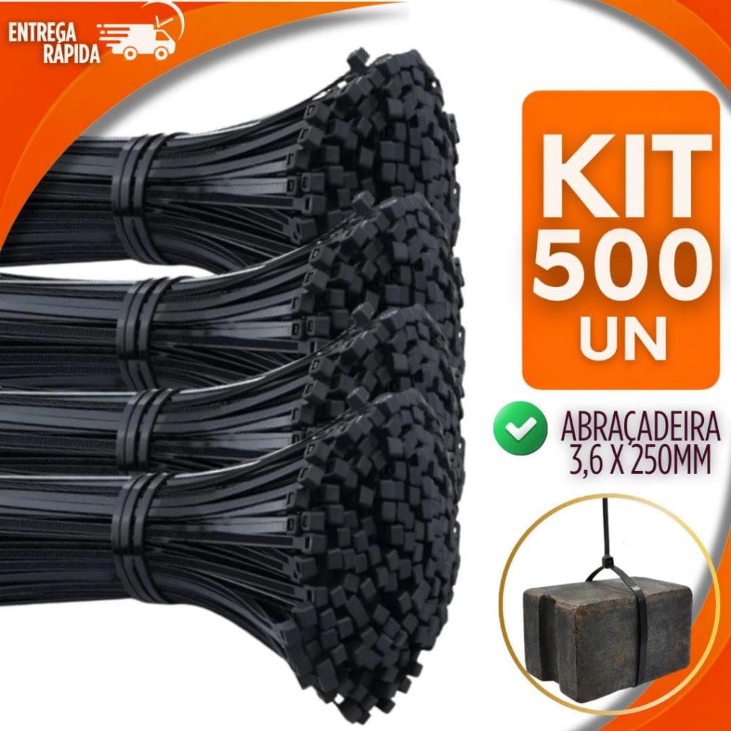 Combo 500 Abraçadeiras Nylon Cinta Plástica Enforca Gato 3,6 x 250mm Fixação Cabos Fios Abraçadeira