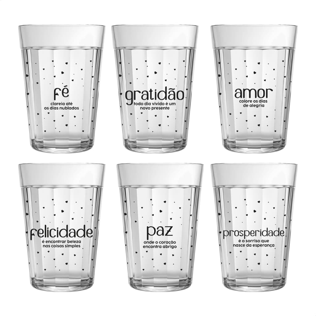 Kit Jogo De 6 Copos Americanos De 190ml De Vidro Decorado Com Frases Motivacionais