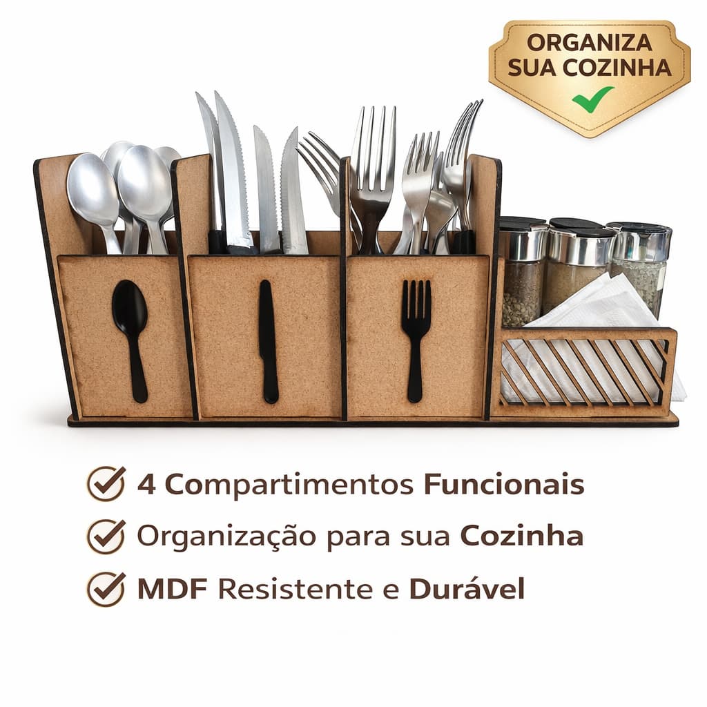 Organizador de Talheres e Temperos - MDF 3mm – Porta Talheres de Mesa Embutido Temperos e Guardanapo