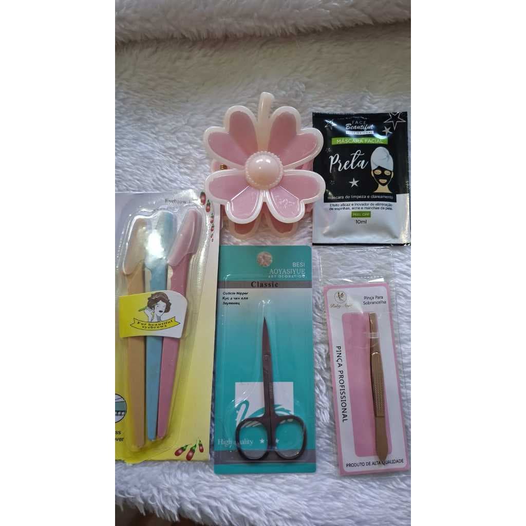 KIT Presente 1kit com 3 Navalha  1 Pinça 1Tesoura 1 Máscara Facial 1Presilha de Flor Grande