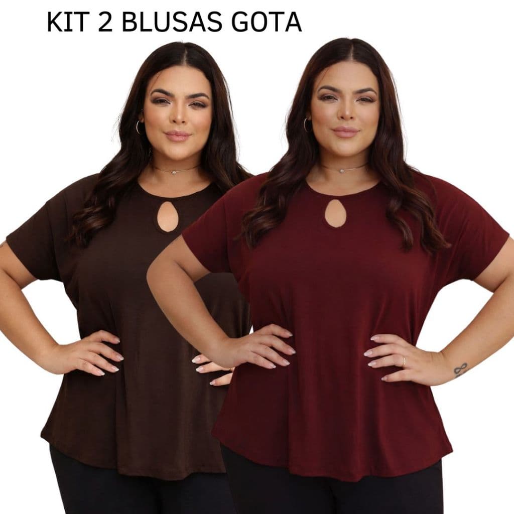 Kit 2 Blusas Plus Size Feminina Viscolycra Soltinha Com Decote Gota Confortável
