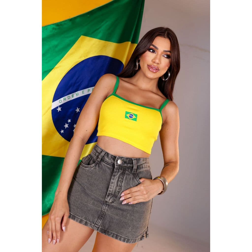 Cropped Regata Brasil Feminina Verde Amarela Top Bordada Ribana Cropped Torcedora Moda Feminina