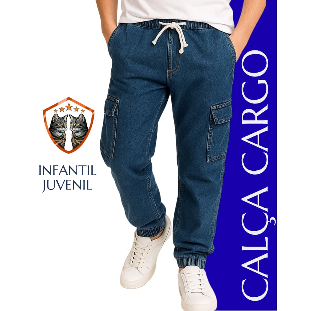 Calça Cargo Jeans Escura Linda Menino Masculino Infantil Juvenil Tamanhos 4 6 8 10 12 14 16