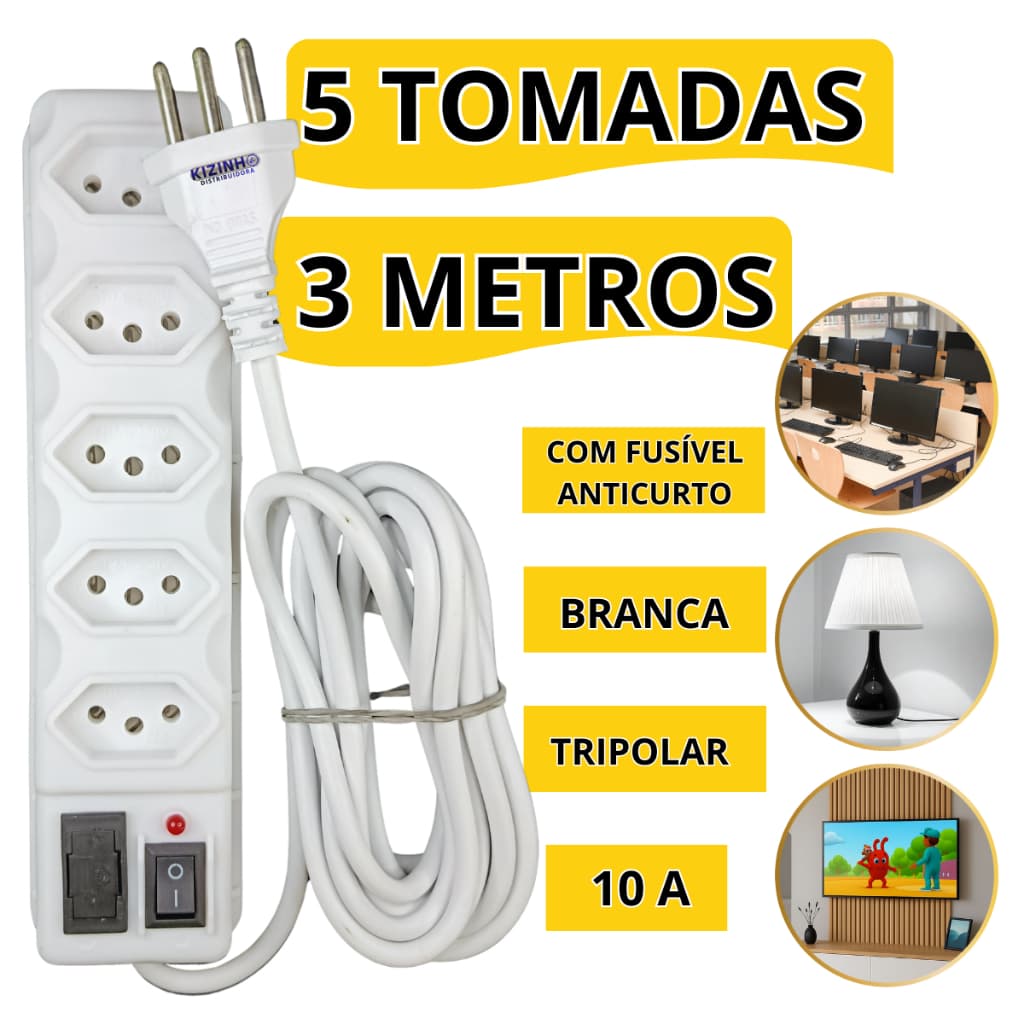 Filtro de Linha Régua 5 Tomadas Tripolar Branca,10A, 3 Metros, Com Fusível de Proteção