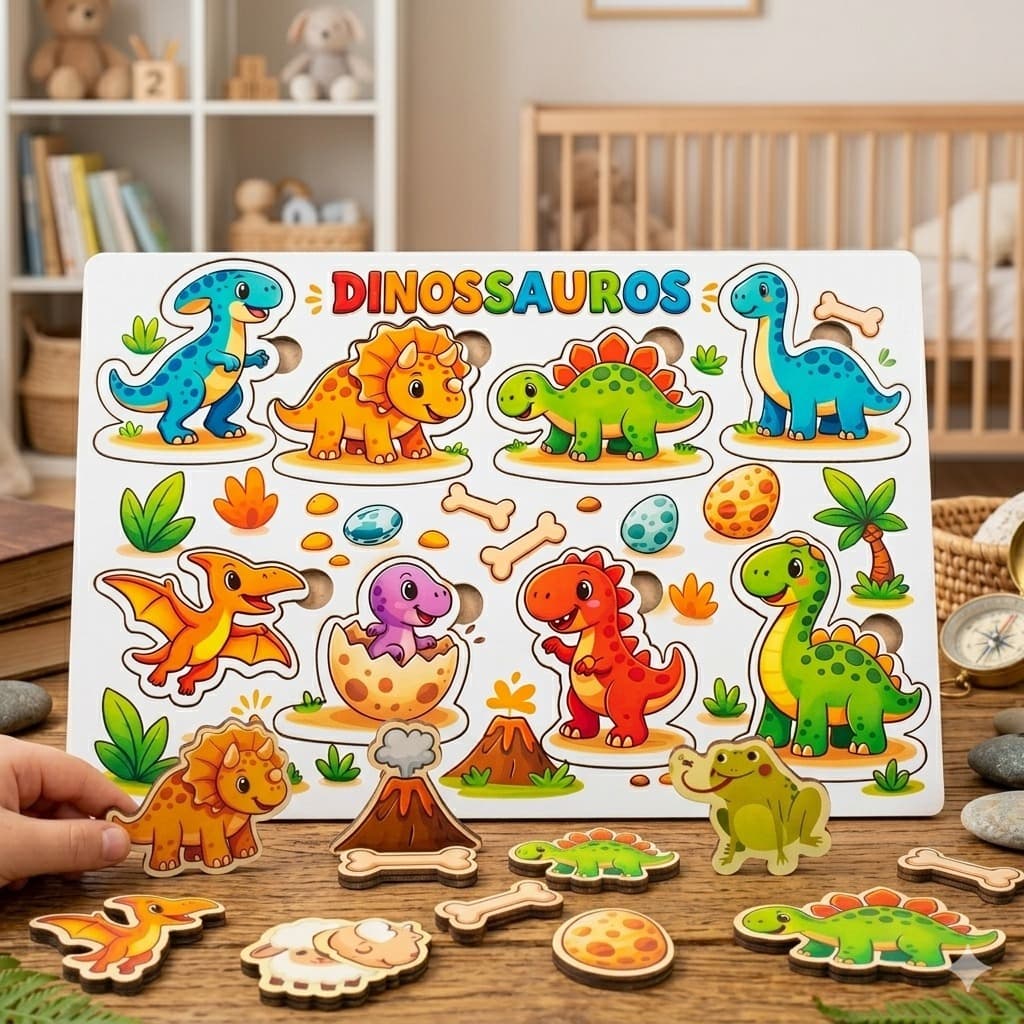 Quebra-Cabeça Dinossauros Brinquedo Educativo Encaixe Didático Madeira 8 pçs Montessori