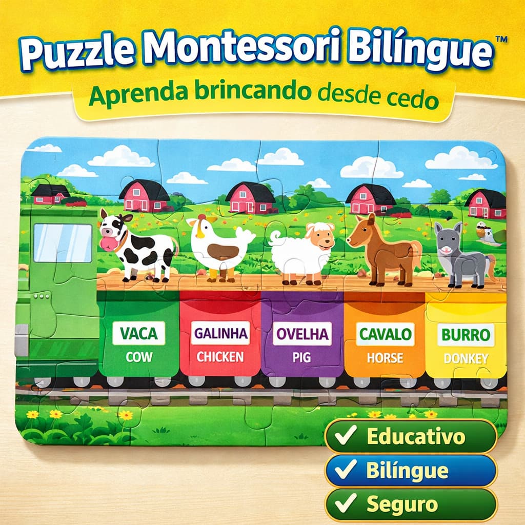 Quebra-Cabeça Educativo Animais da Fazenda Bilíngue – 20 Peças
