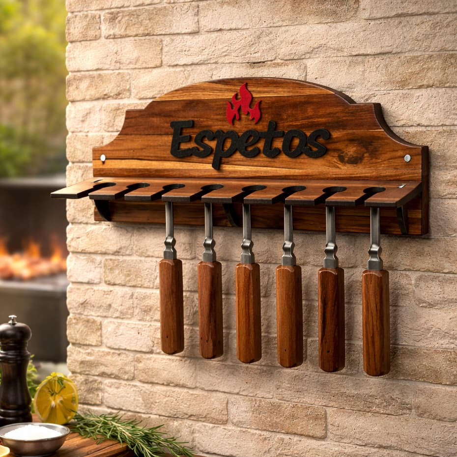 Porta Espetos Churrasco de Parede 41x17x8cm Suporte Organizador Decorativo
