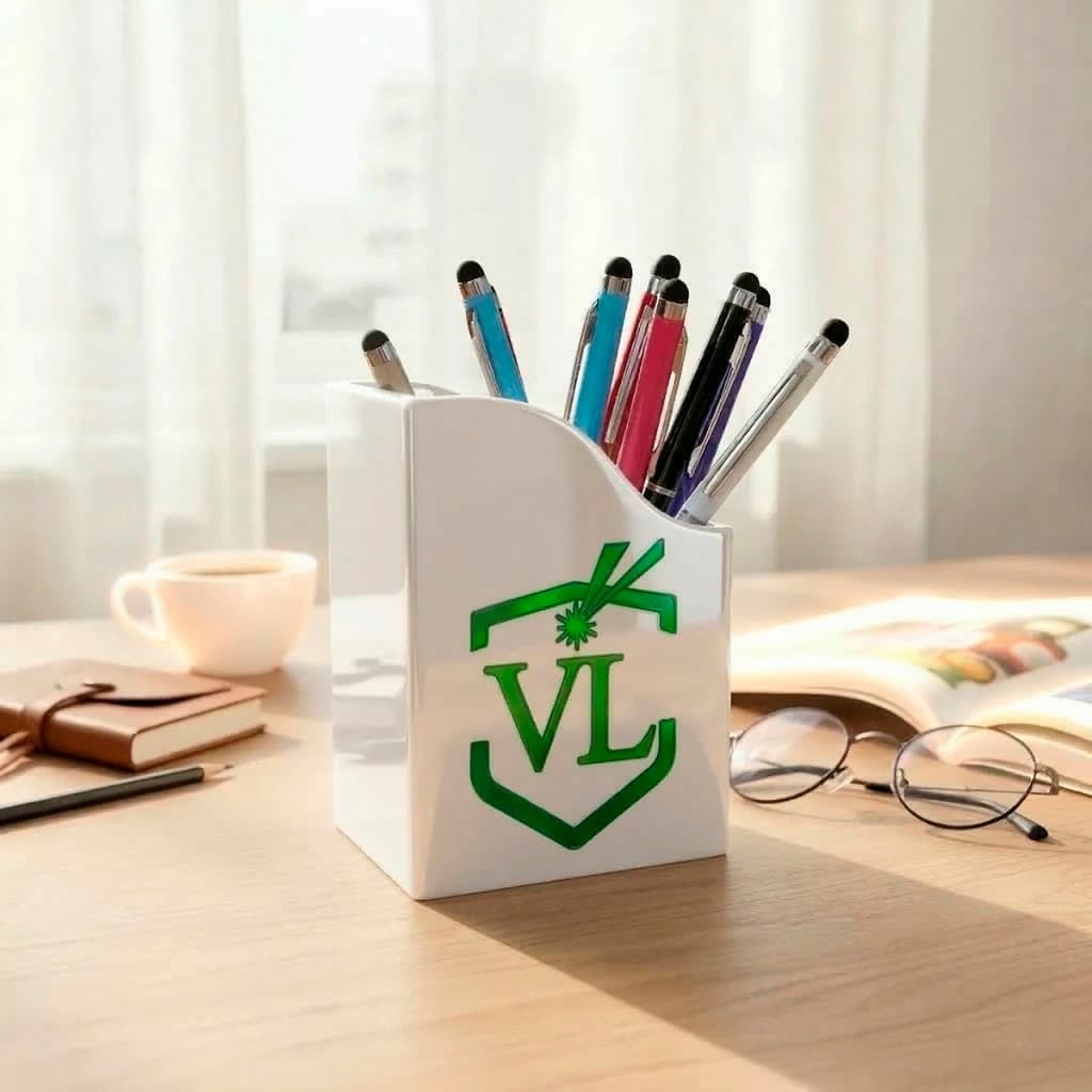 Porta canetas organizador e porta pincéis acrílico com logo personalizada e detalhe espelhado
