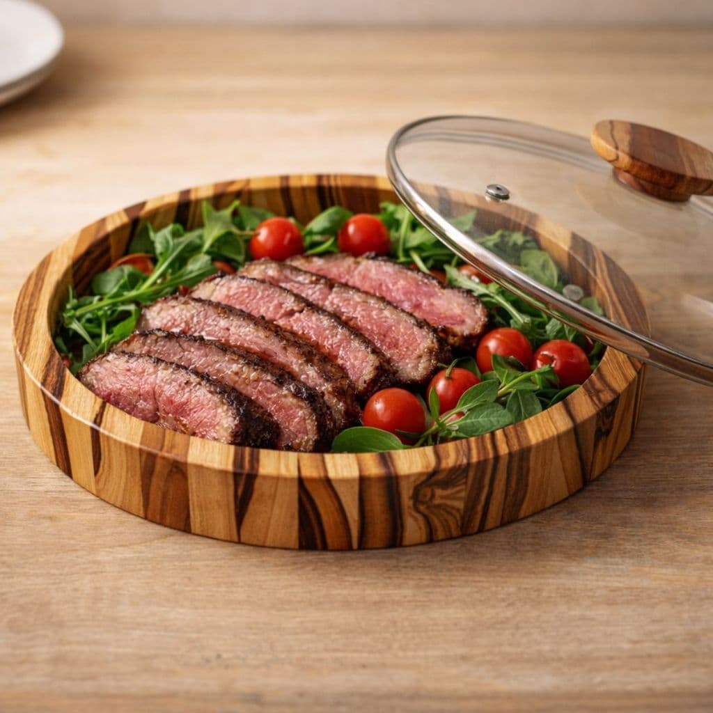 Saladeira Gamela 21cm 23cm 25cm 27cm em Madeira Teca Com Tampa de Vidro Mesa Posta Bandeja Decoração
