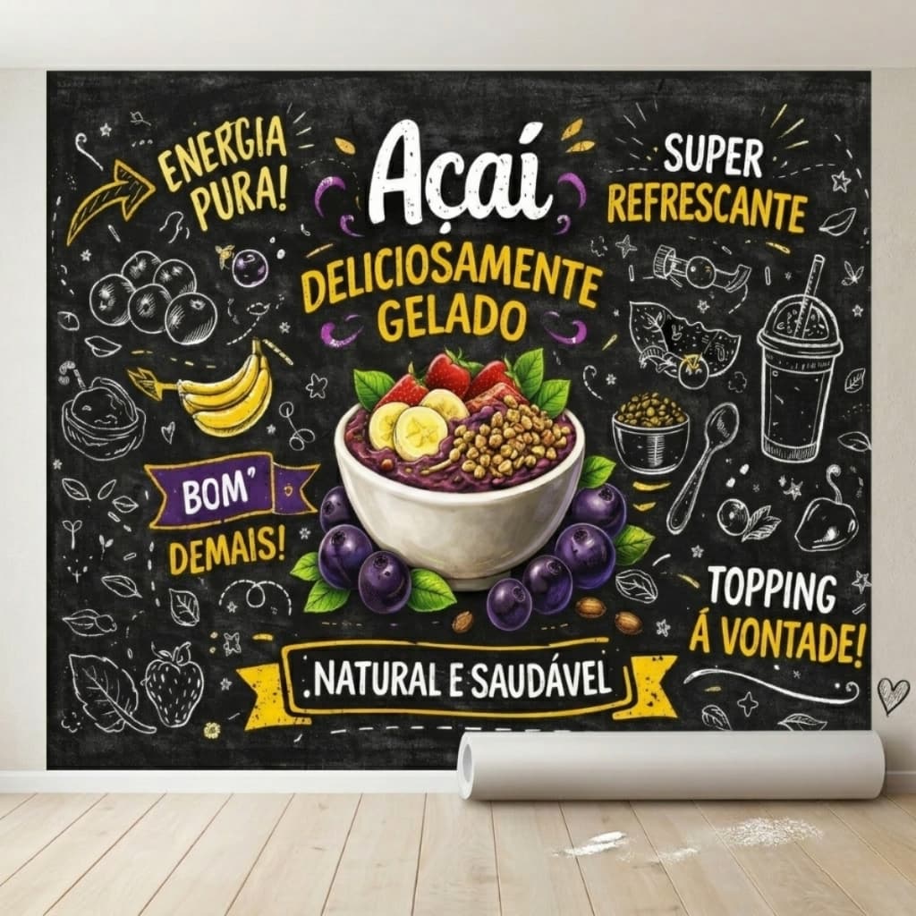 Adesivo de Parede Açaí Lanchonete Área Gourmet Lousa Chalkboard Decorativo
