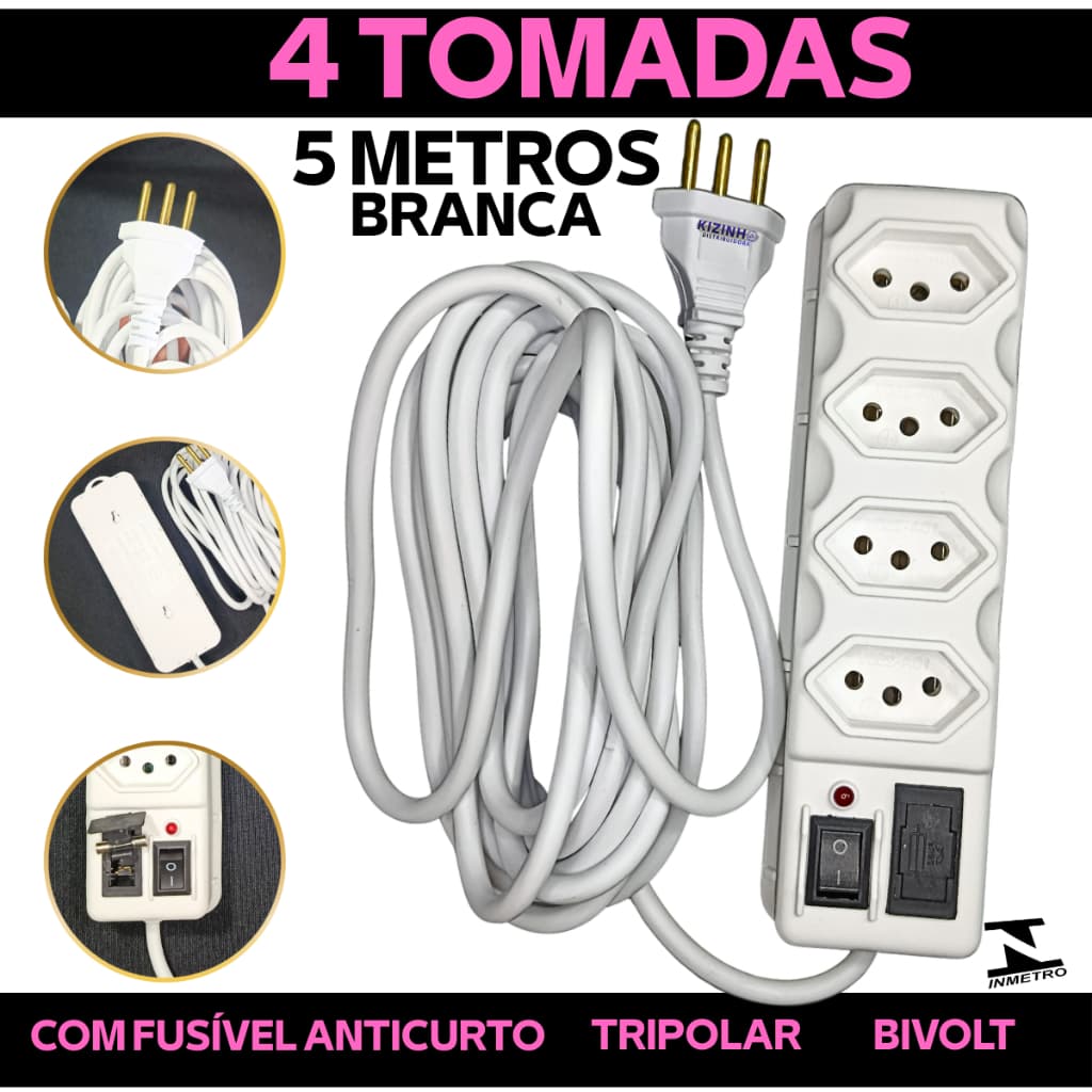 Filtro de Linha 4 Tomadas Tripolar 10A 5 Metros Branca Bivolt 127/220 Fusível Anticurto 3A