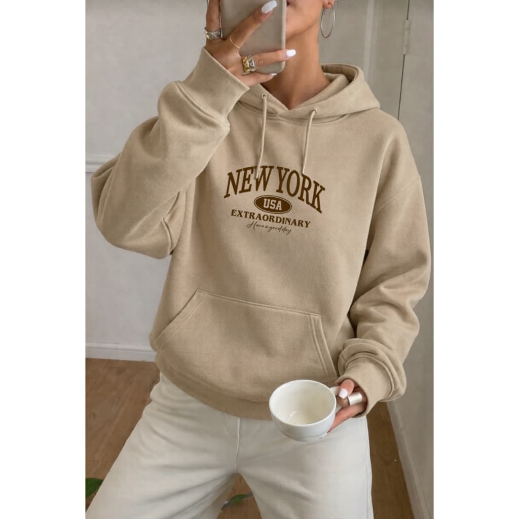 Blusa Moletom Canguru Com Capuz Feminino New York Várias Cores Casual Inverno