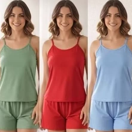 Kit 3 Pijamas baby Doll Femininos Sued Macio Confortável Short e Blusa de Alça Roupa de Dormir Leve Várias Estampas