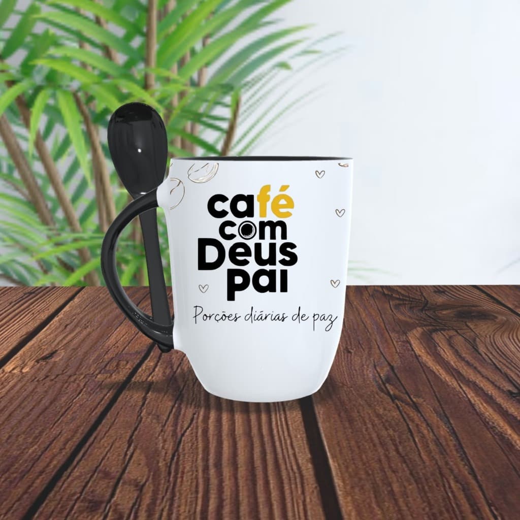 Caneca Café com Deus Pai com Colher, Frase Religiosa, Porções Diárias de Paz, Presente Cristão.