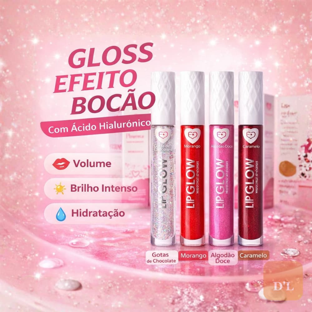 Kit Gloss Labial Efeito Bocão com Ácido Hialurônico | Volume + Brilho Intenso | Lip Glow