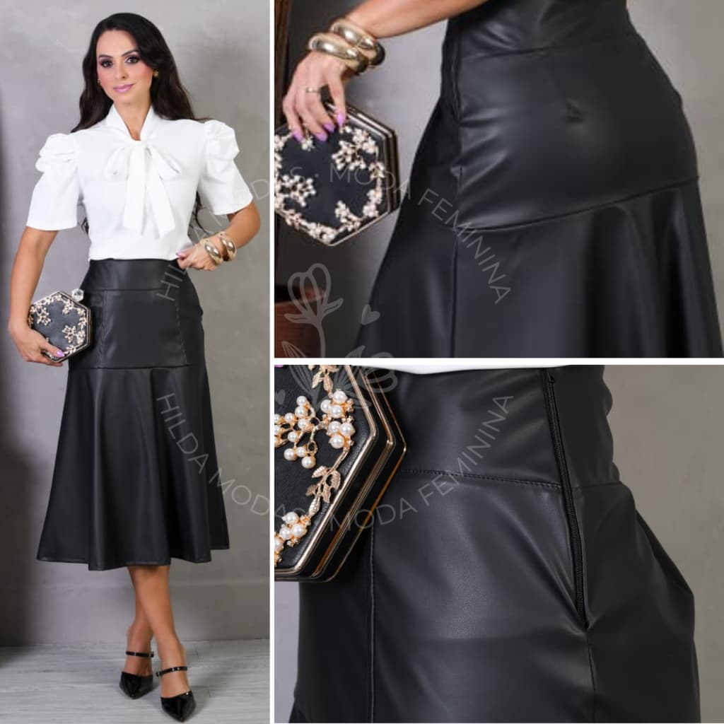 Saia Midi Godê Feminina de Couro Sintético com Forro e Zíper na Lateral Elegante Moda Evangélica