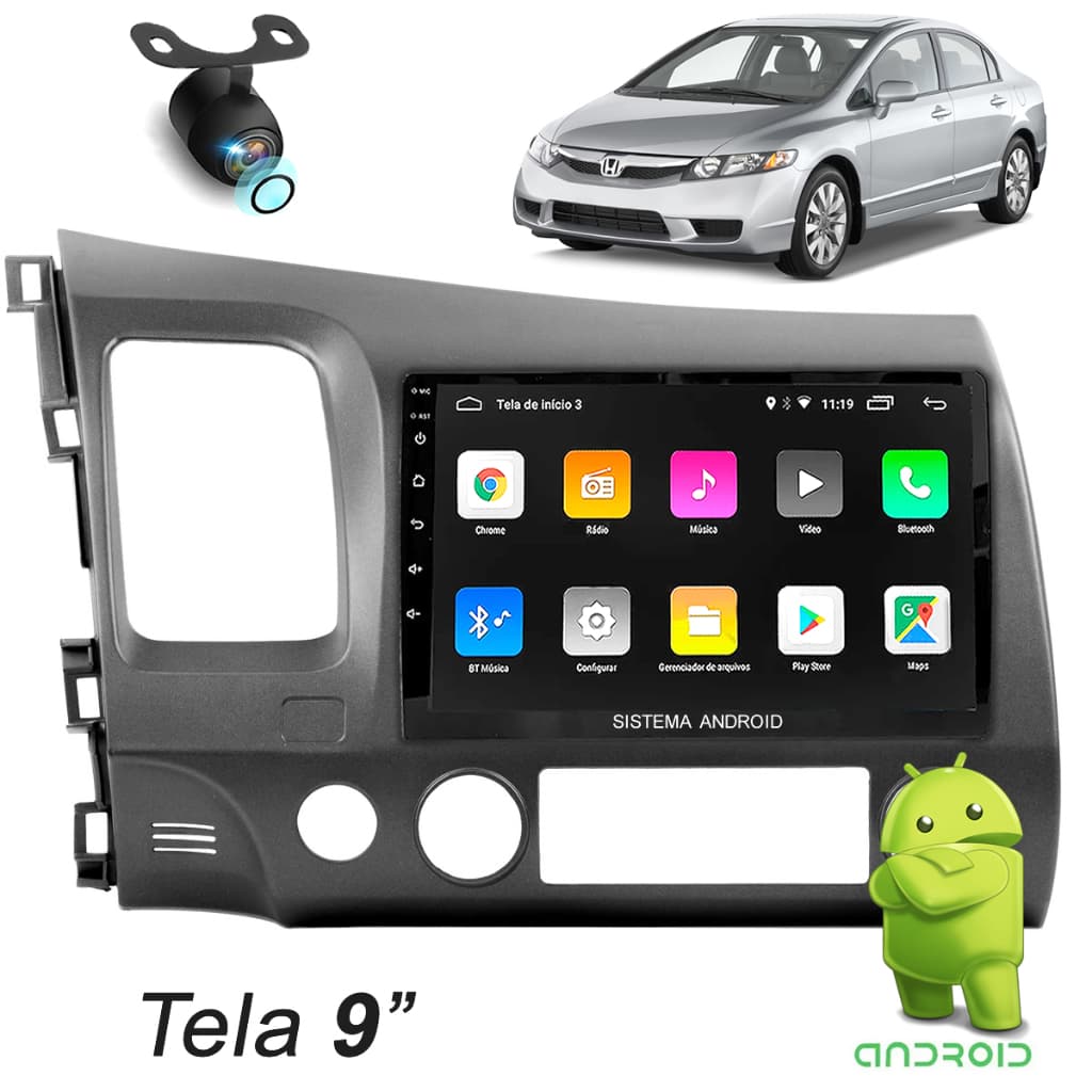 KIT MULTIMÍDIA 9POL ANDROID CARPLAY BLUETOOTH USB P/ CIVIC 2007 2008 2009 2010 2011 + MOLDURA CAMERA