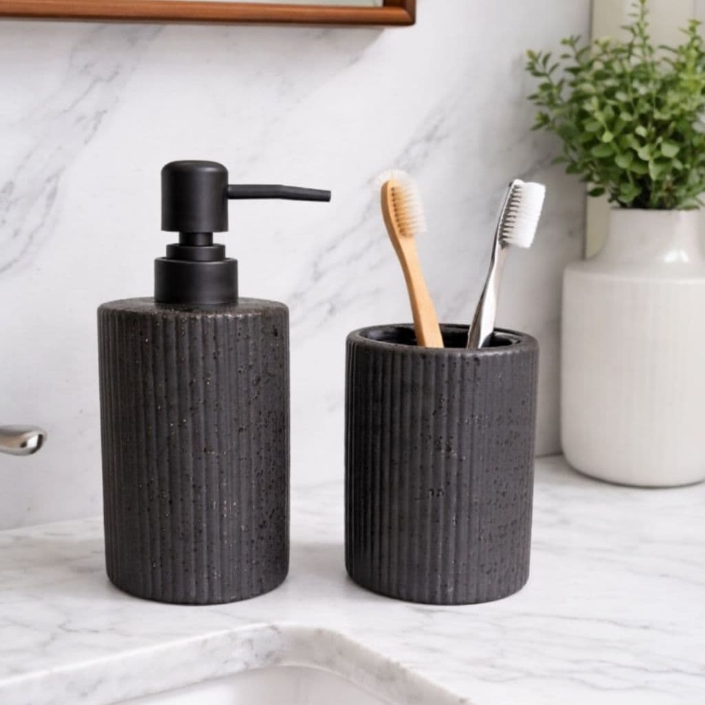 Kit Banheiro Lavabo 2 Peças Maré 320ml Porta Sabonete Líquido Suporte p/Escovas em Cerâmica