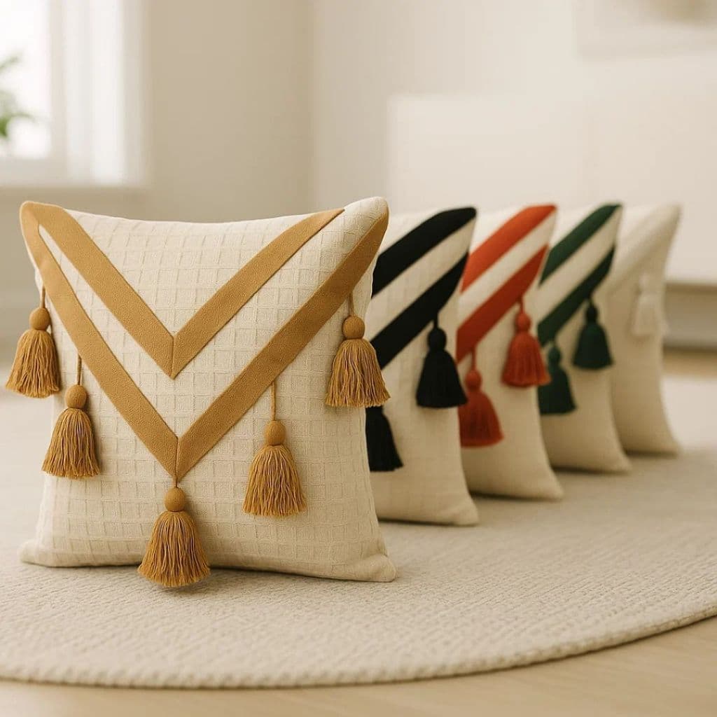 Capa de Almofada 45x45 Algodão com Acabamento Artesanal e Pompons Decorativos