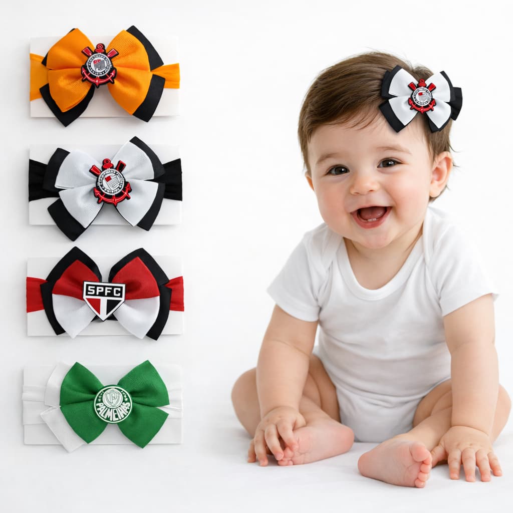 Laço Temático Escolha o Time para Bebê com Aplique Faixa de Seda Vários Times Corinthians