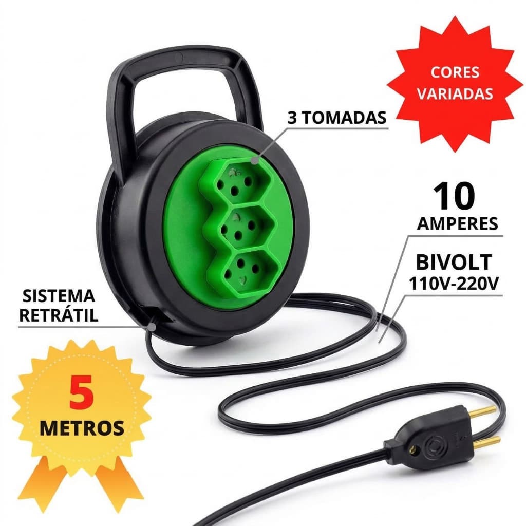 Extensão Elétrica Retrátil Redonda 5m 3 Tomadas 10A Bivolt