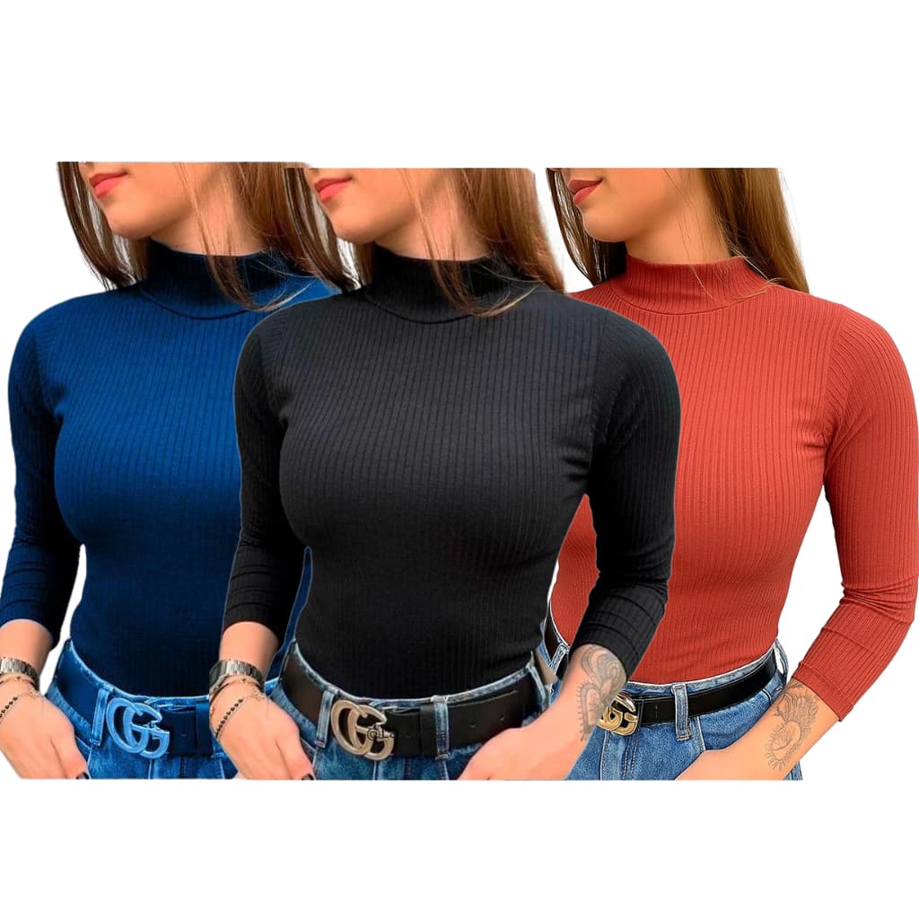 Kit 3 Blusa CACHARREL De Frio Feminina Gola Alta Canelado Inverno