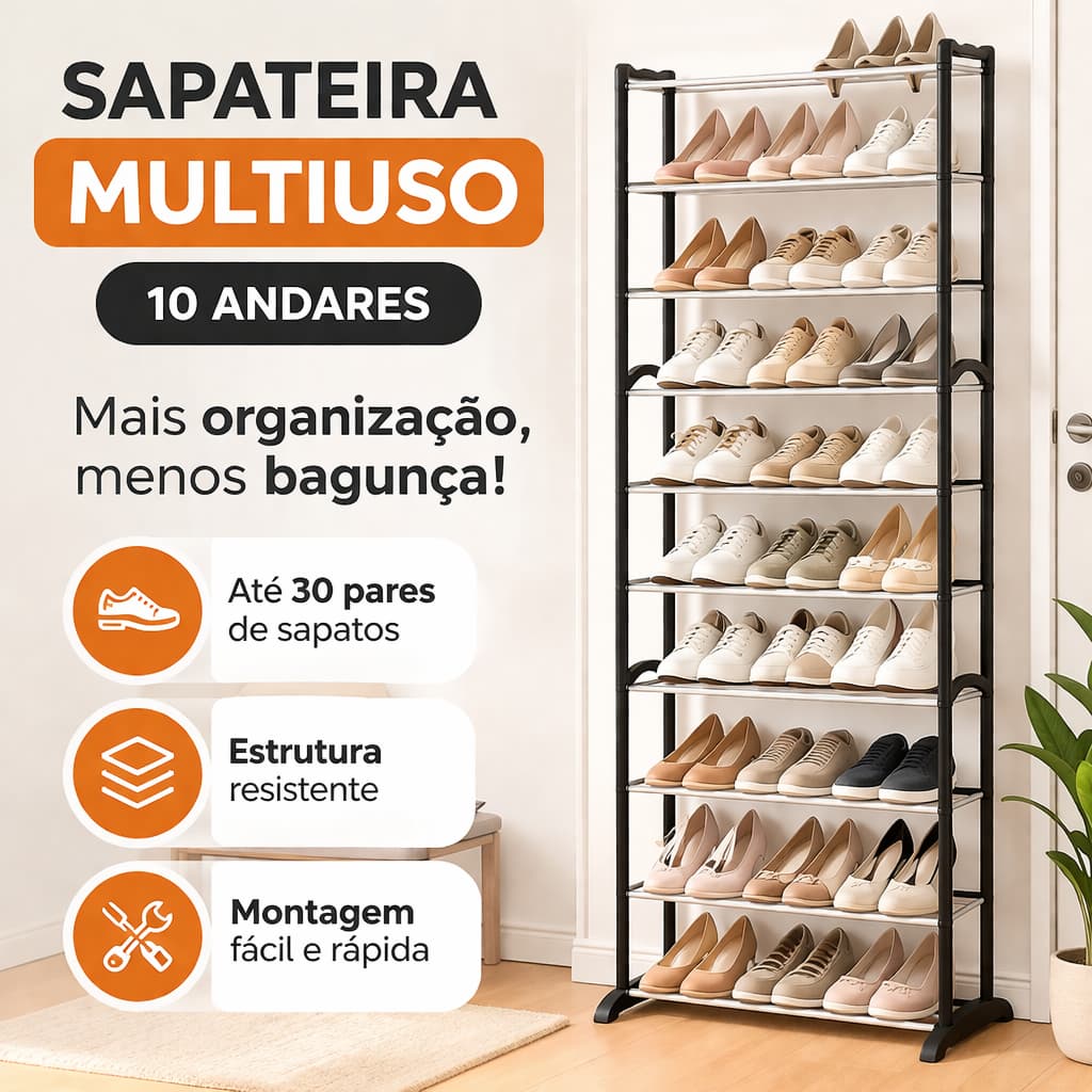 Sapateira Vertical 10 Andares Organizador Multiuso Prateleira Estante Organizadora Resistente
