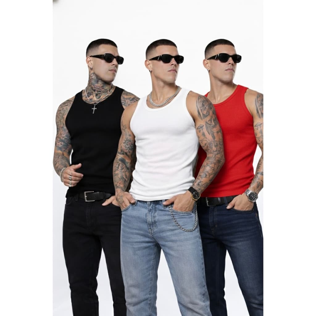 Kit 3 Regatas Caneladas Masculinas Premium Slim Fit Básicas Academia Casual