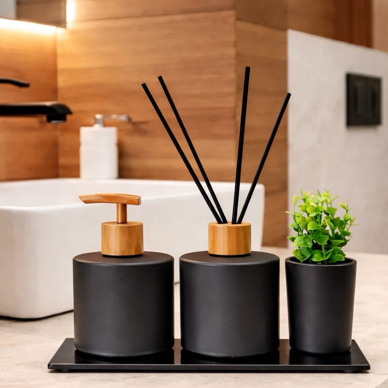 Kit Lavabo Moderno Preto Fosco Difusor de Varetas e Saboneteira Bandeja Vasinho Vareta de Fibra