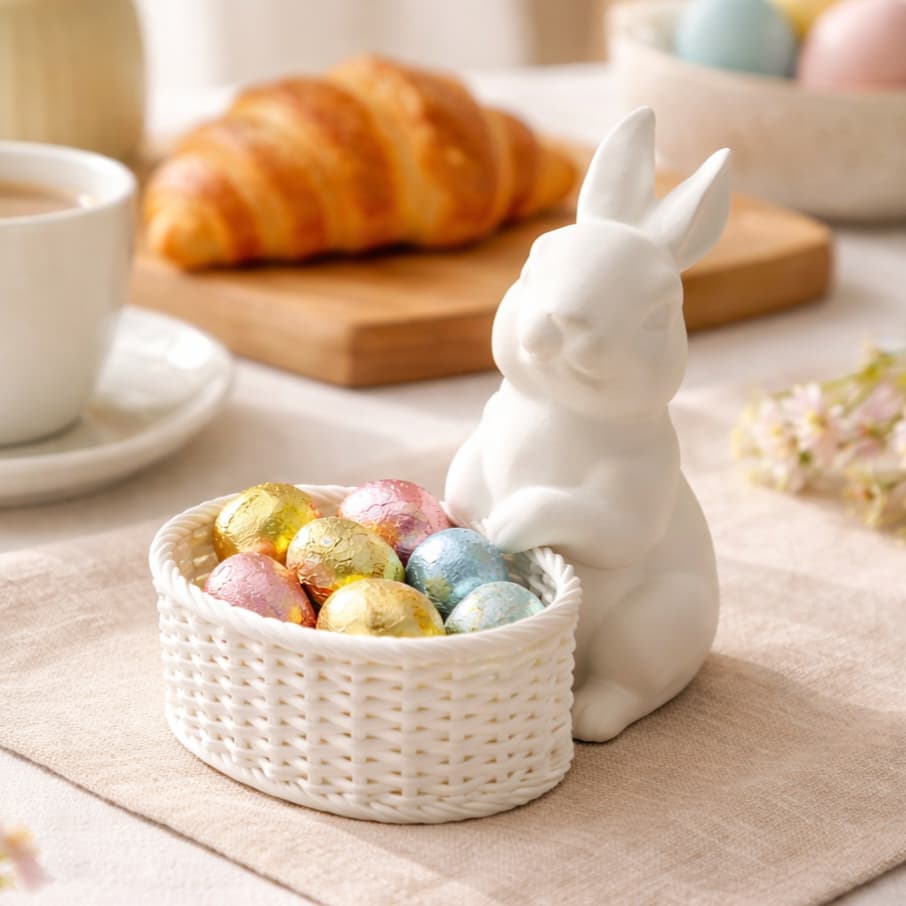 Coelho Páscoa Decorativo com Cesta 12cm Porta Doces PLA Bege/Branco Enfeite Mesa Lembrancinha Moderna 3D Fofo
