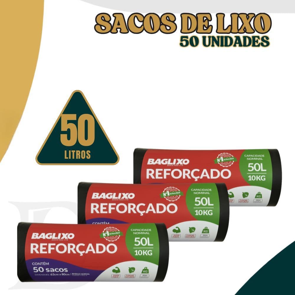 Saco De Lixo 50l 50un Reforçado Baglixo 3 Rolos 50un Cada