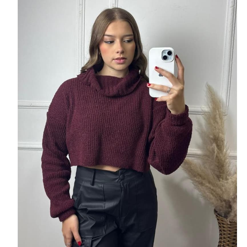 Cropped Feminino Gola Alta Blusa De Frio Blusas Mousse Lançamentos Inverno Tricot Tricô Gola Canoa Manga Longa
