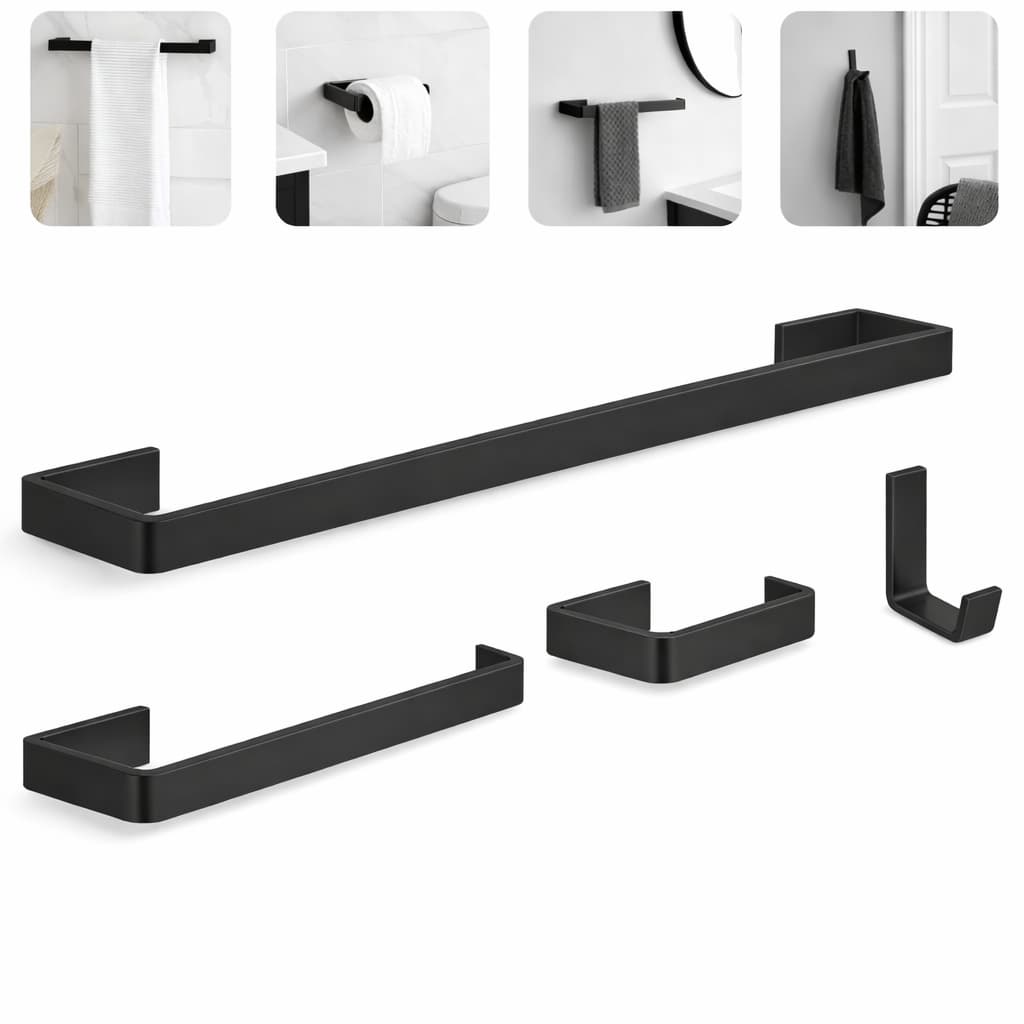 Kit Acessórios Banheiro 4 Pçs Preto Fosco Square Quadrado Alumínio Resistente Porta Toalha Papeleira