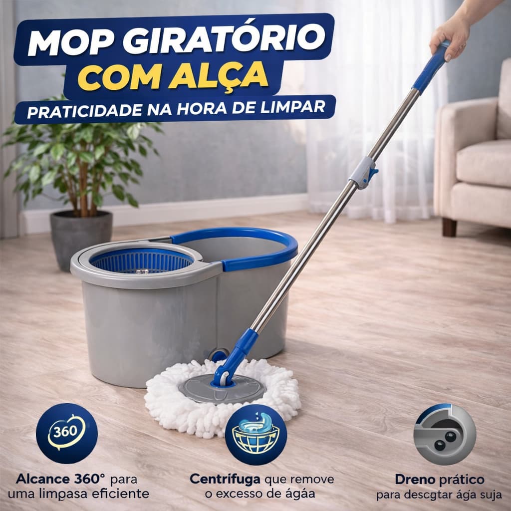 MOP INOX Giratorio Com Alça(13 LITROS GRANDE) CABO FLEXIVEL SUPER ABSORVENTE Sortido