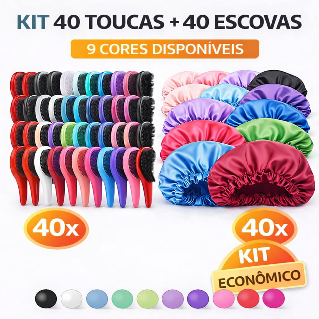 Kit Mega Atacado 40 Toucas De Cetim Anti Frizz + 40 Escovas Desembaracante Salão Brinde Revenda Lote