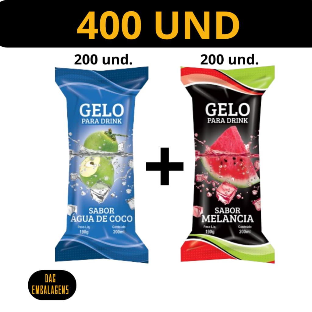 Kit Embalagem para Gelo Saborizado 2 Sabores Total 400 Unidades.