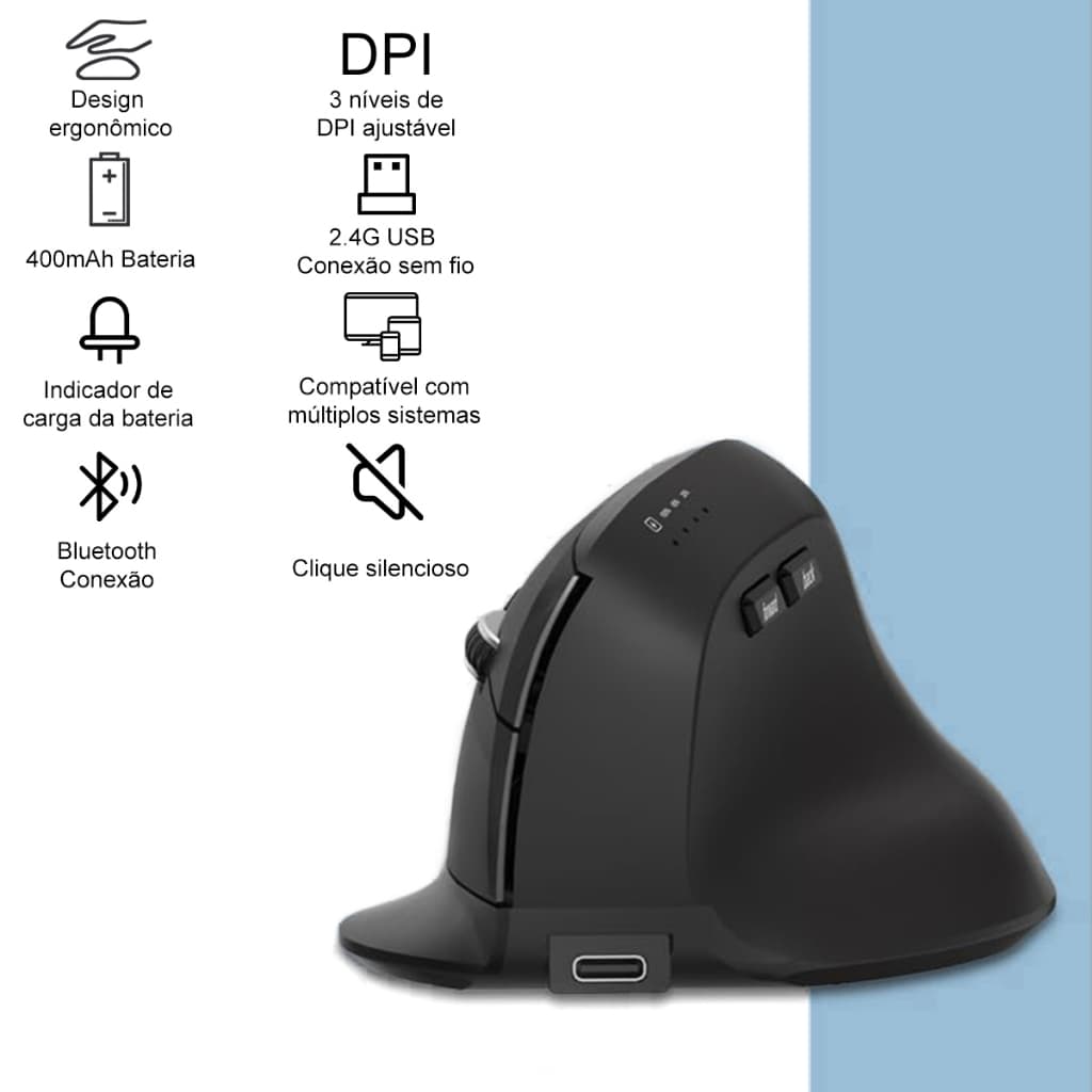 Mouse Sem Fio Wireless Recarregavel  2,4GHz Bluetooth Bateria Interna Ergonômico