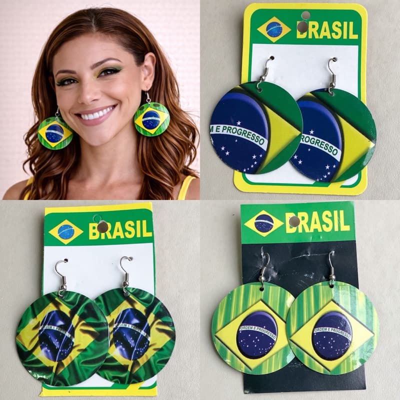 Brinco Brasil Bandeira Feminino - Copa do Mundo Acessório - Torcida Brinco Brasil  Verde Amarelo Grande Redondo Copa