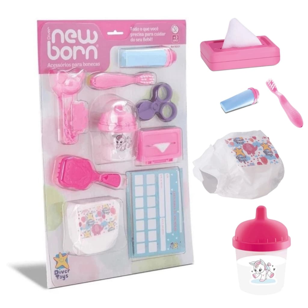 Kit Acessorios Para Bonecas Diver New Born Chupeta Mamadeira Fralda Lenço Escova Pasta Tesourinha