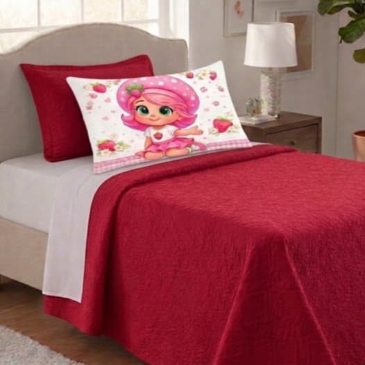 KIT COBRE LEITO PERSONAGENS INFANTIL MORANGUINHO COM 02 PEÇAS SOLTEIRO VÁRIAS CORES MATELADO ULTRSSONICO PROMOÇÃO !