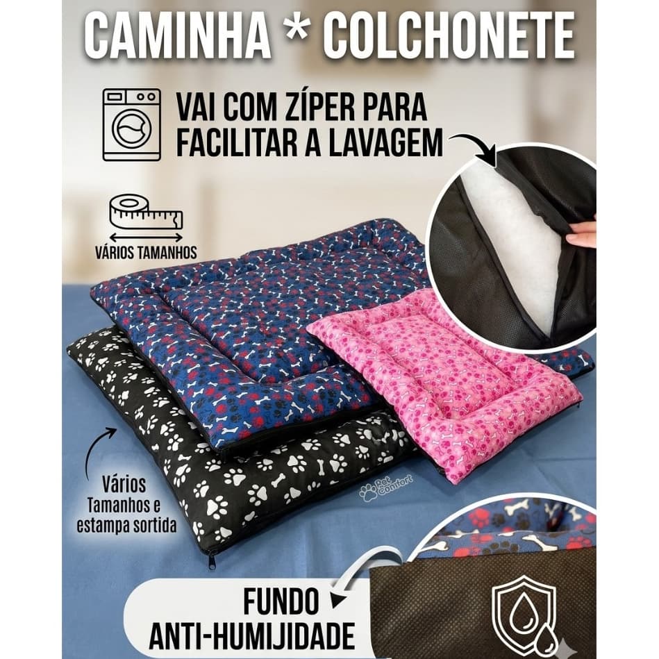 Caminha Pet Colchonete Premium com Zíper, Lavável, Anti-Umidade para pets tamanhos